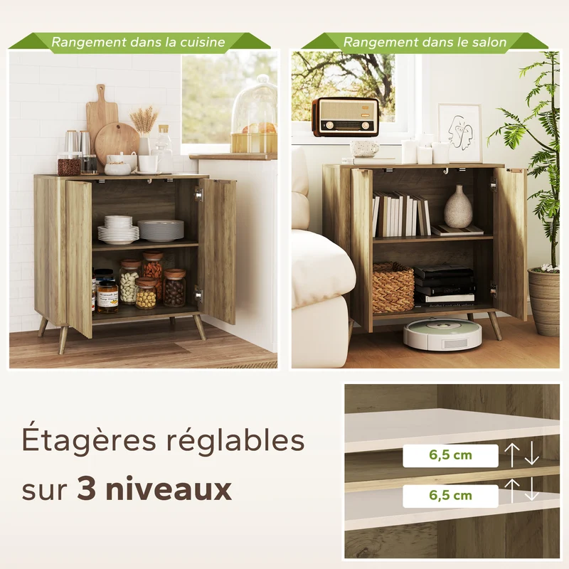 Buffet de rangement salon 77 x 40 x 81 cm étagère réglable rangement sécurisé style scandinave contemporain en MDF chêne 21_0003489