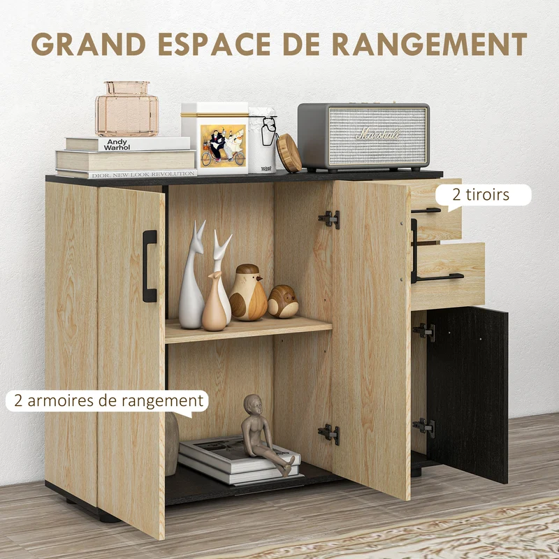 Buffet de rangement cuisine 90 x 30 x 75,5 cm étagère réglable anti-basculement moderne en panneau de particules naturel 21_0002918