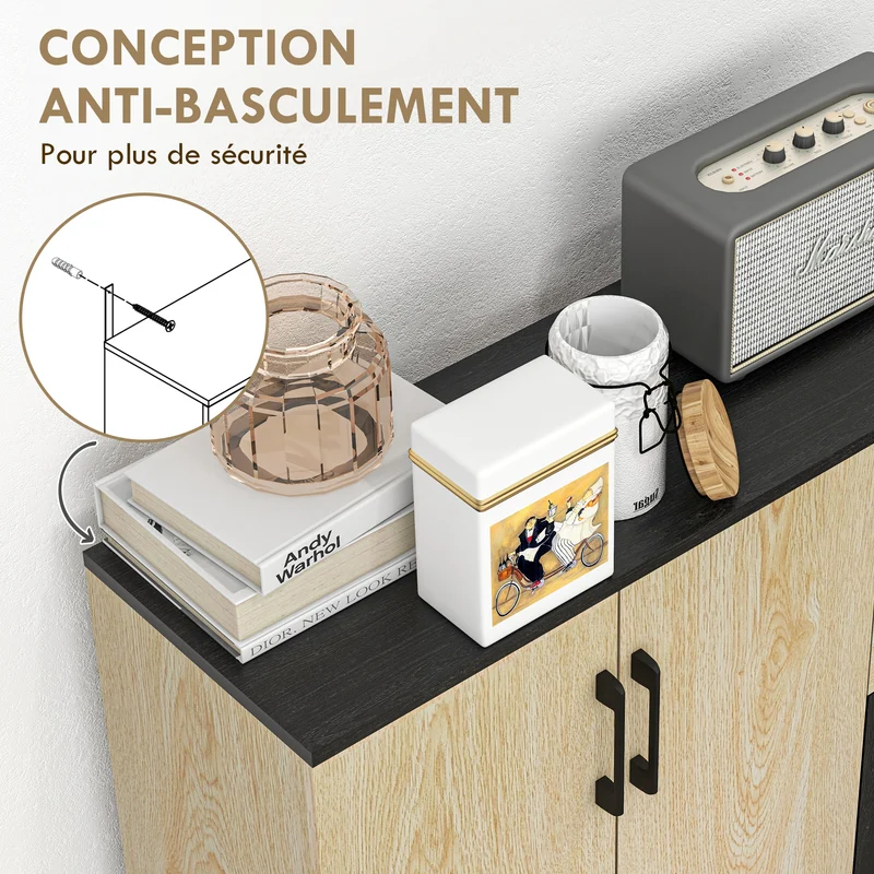Buffet de rangement cuisine 90 x 30 x 75,5 cm étagère réglable anti-basculement moderne en panneau de particules naturel 21_0002918