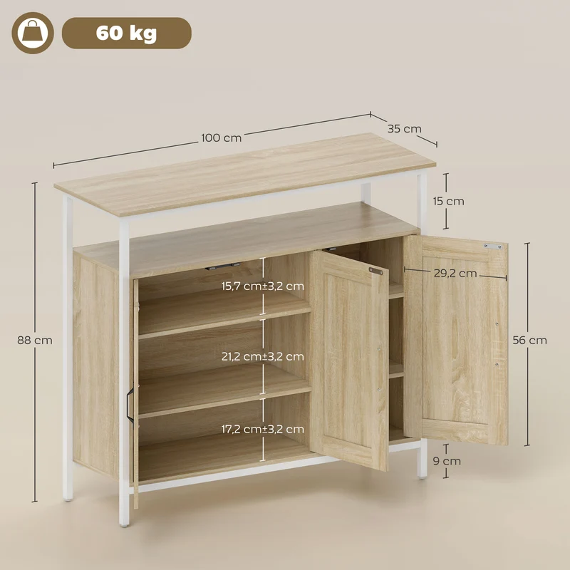 Buffet de rangement 100 x 35 x 88 cm étagères réglables et anti-basculement industriel contemporain en MDF bois naturel 21_0003555