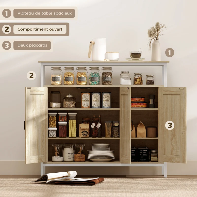 Buffet de rangement 100 x 35 x 88 cm étagères réglables et anti-basculement industriel contemporain en MDF bois naturel 21_0003555