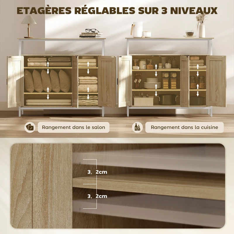 Buffet de rangement 100 x 35 x 88 cm étagères réglables et anti-basculement industriel contemporain en MDF bois naturel 21_0003555