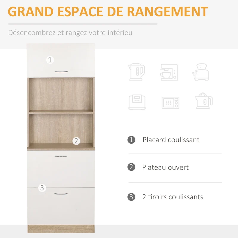 Buffet de cuisine armoire multi rangements 60 x 38 x 168 cm plan de travail rangement sûr moderne épuré en MDF blanc 21_0002270