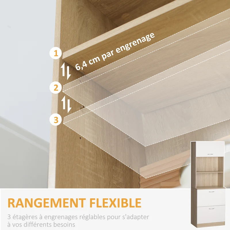 Buffet de cuisine armoire multi rangements 60 x 38 x 168 cm plan de travail rangement sûr moderne épuré en MDF blanc 21_0002270