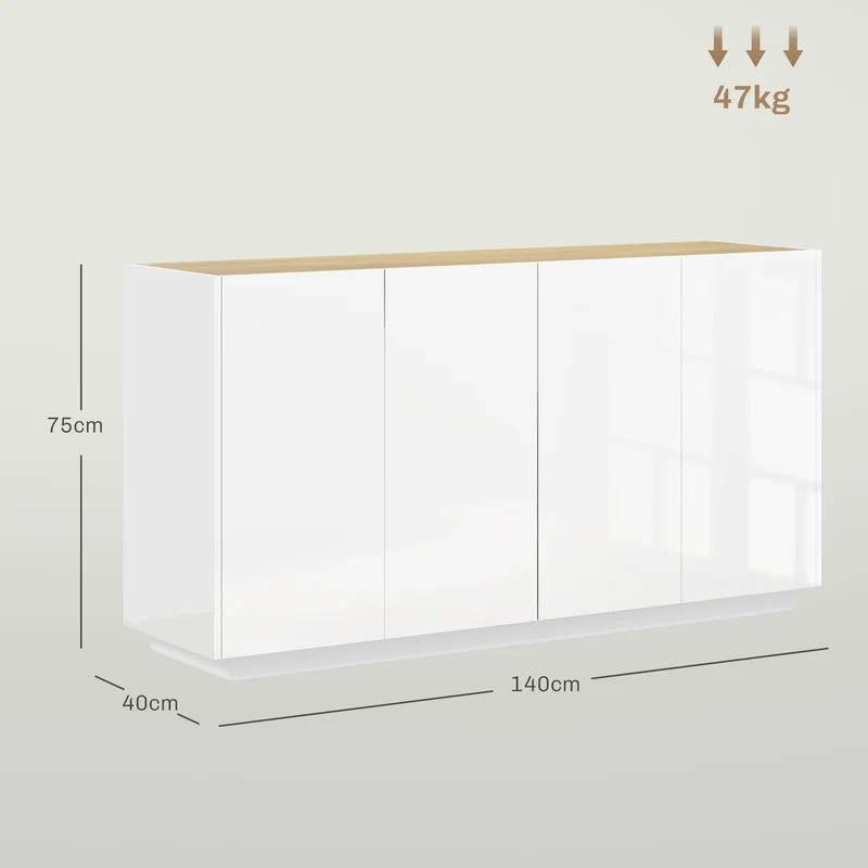 Buffet bas cuisine 140 x 40 x 75 cm portes à fermeture douce étagères réglables style contemporain en MDF blanc laqué 21_0003468