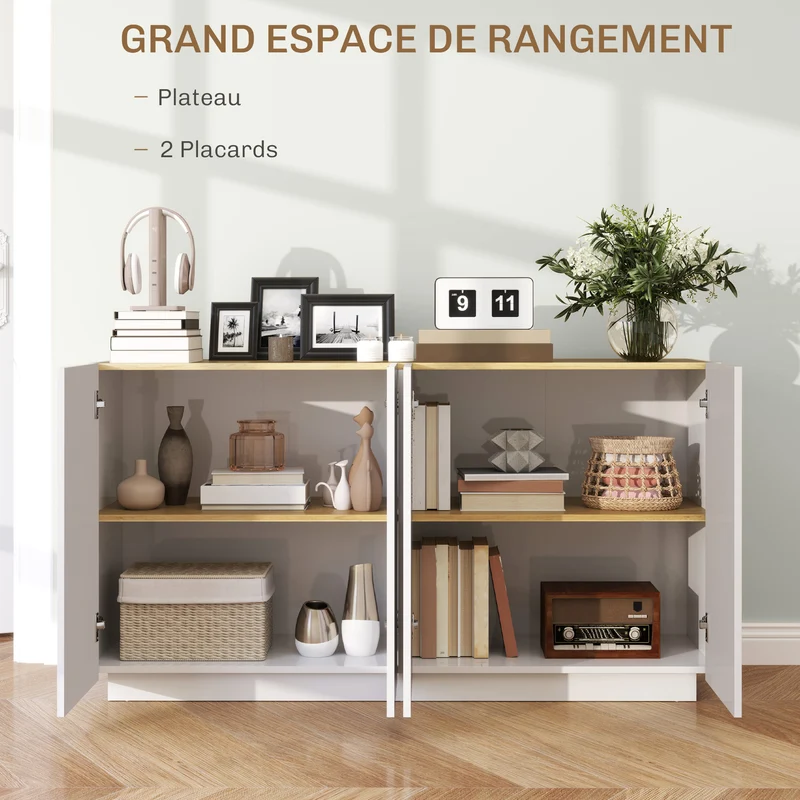 Buffet bas cuisine 140 x 40 x 75 cm portes à fermeture douce étagères réglables style contemporain en MDF blanc laqué 21_0003468