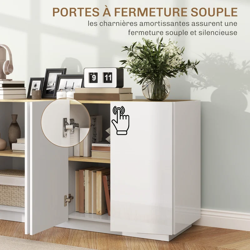 Buffet bas cuisine 140 x 40 x 75 cm portes à fermeture douce étagères réglables style contemporain en MDF blanc laqué 21_0003468