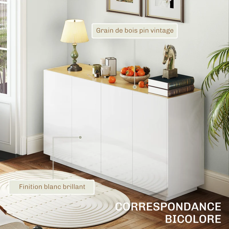 Buffet bas cuisine 140 x 40 x 75 cm portes à fermeture douce étagères réglables style contemporain en MDF blanc laqué 21_0003468