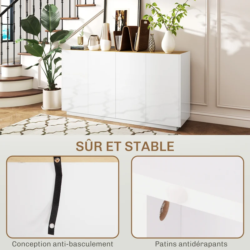 Buffet bas cuisine 140 x 40 x 75 cm portes à fermeture douce étagères réglables style contemporain en MDF blanc laqué 21_0003468