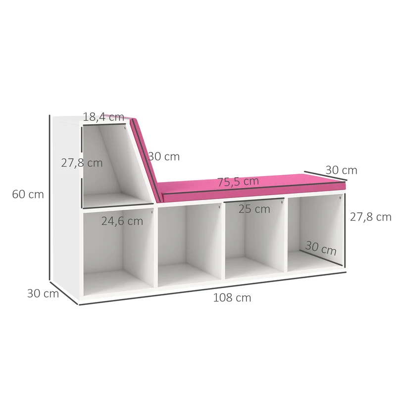 Bibliothèque banc 2 en 1 rangement assise entrée 108 x 30 x 60 cm 5 niches 2 coussins contemporain épuré en MDF blanc 21_0002488