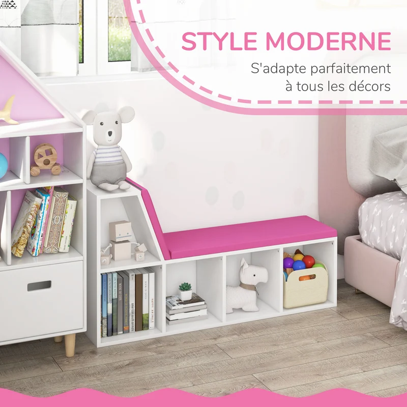 Bibliothèque banc 2 en 1 rangement assise entrée 108 x 30 x 60 cm 5 niches 2 coussins contemporain épuré en MDF blanc 21_0002488