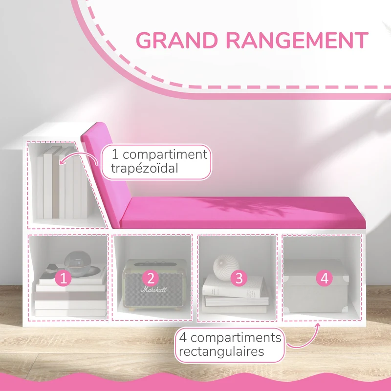 Bibliothèque banc 2 en 1 rangement assise entrée 108 x 30 x 60 cm 5 niches 2 coussins contemporain épuré en MDF blanc 21_0002488