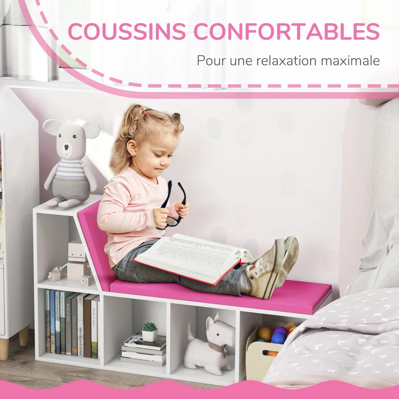 Bibliothèque banc 2 en 1 rangement assise entrée 108 x 30 x 60 cm 5 niches 2 coussins contemporain épuré en MDF blanc 21_0002488