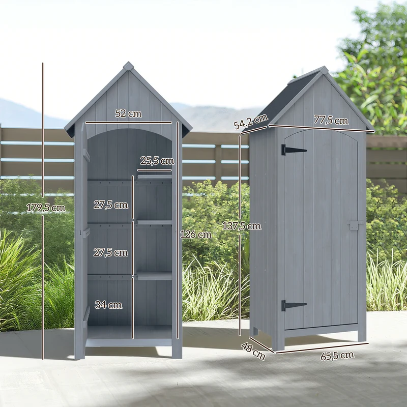 Armoire de jardin 77.5 x 54.2 x 179.5 cm avec étagères et loquet sécurisant rustique classique en bois de sapin gris 21_0004124