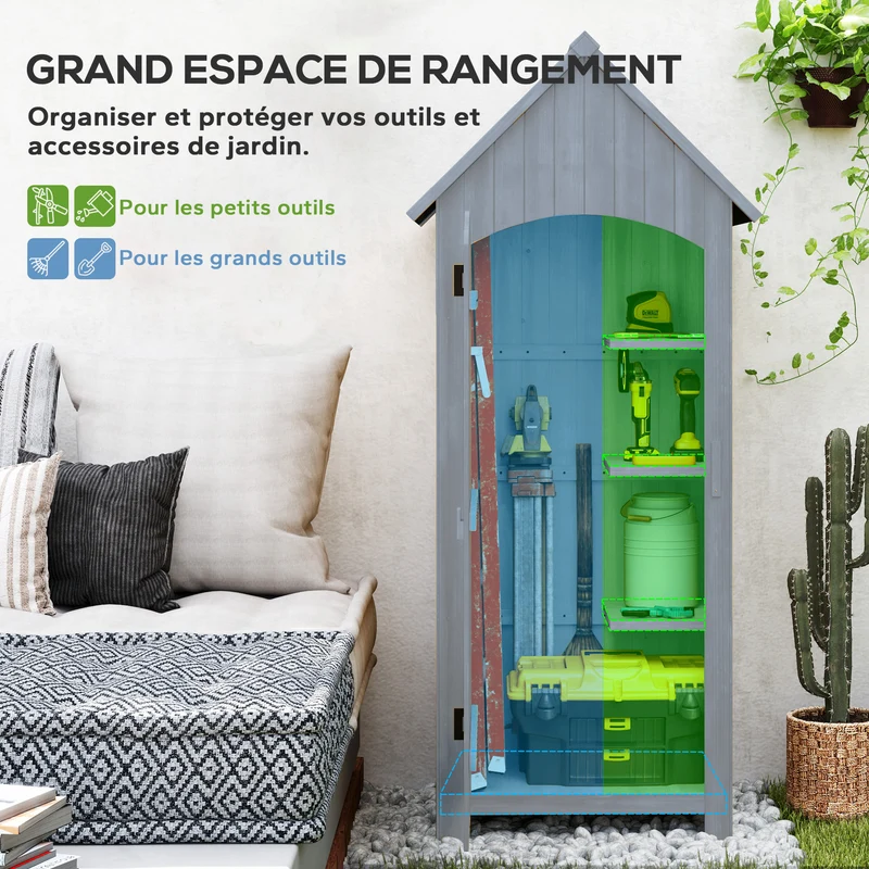 Armoire de jardin 77.5 x 54.2 x 179.5 cm avec étagères et loquet sécurisant rustique classique en bois de sapin gris 21_0004124