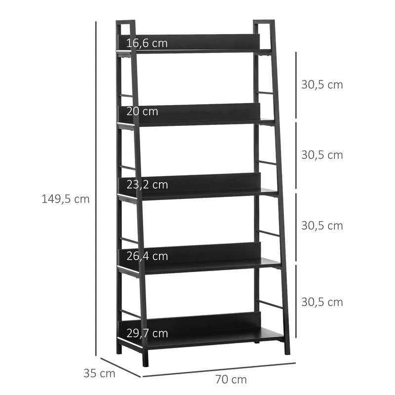 Étagère bibliothèque inclinée salon bureau 70 x 35 x 150 cm 5 niveaux gain de place robuste style industriel en MDF noir 21_0002374