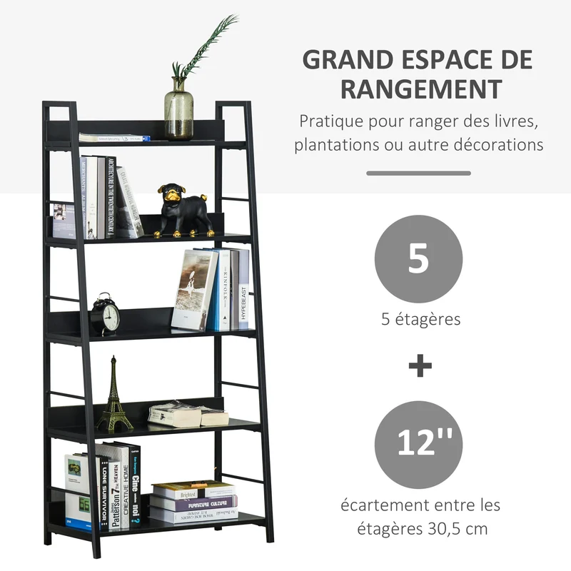 Étagère bibliothèque inclinée salon bureau 70 x 35 x 150 cm 5 niveaux gain de place robuste style industriel en MDF noir 21_0002374