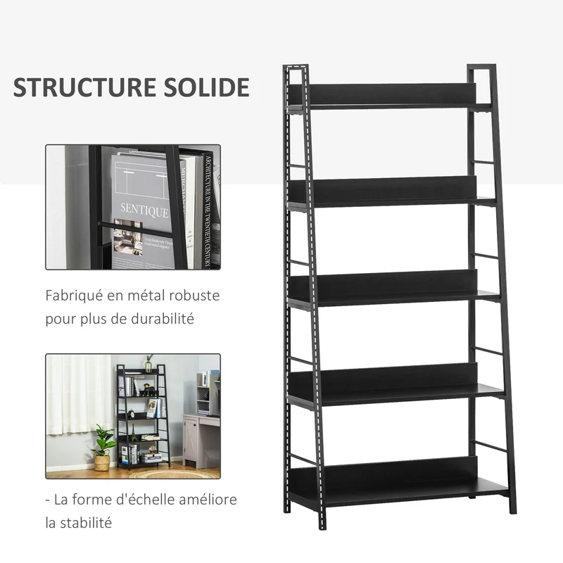 Étagère bibliothèque inclinée salon bureau 70 x 35 x 150 cm 5 niveaux gain de place robuste style industriel en MDF noir 21_0002374