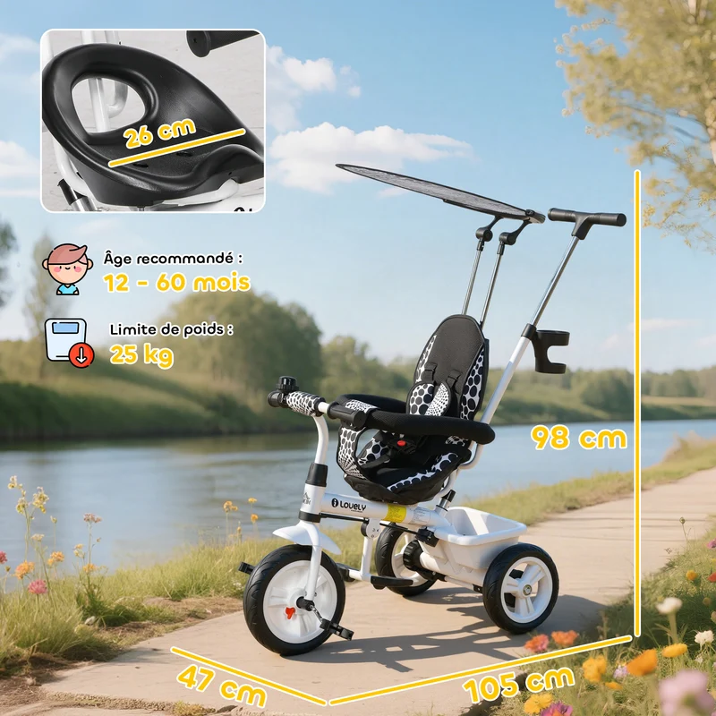 Tricycle enfants pliable 105 x 47 x 98 cm canne amovible pare-soleil siège ergonomique style contemporain en acier blanc 21_0000431