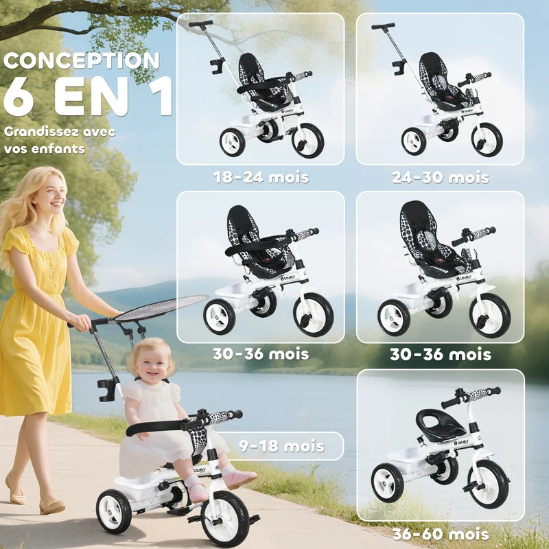 Tricycle enfants pliable 105 x 47 x 98 cm canne amovible pare-soleil siège ergonomique style contemporain en acier blanc 21_0000431