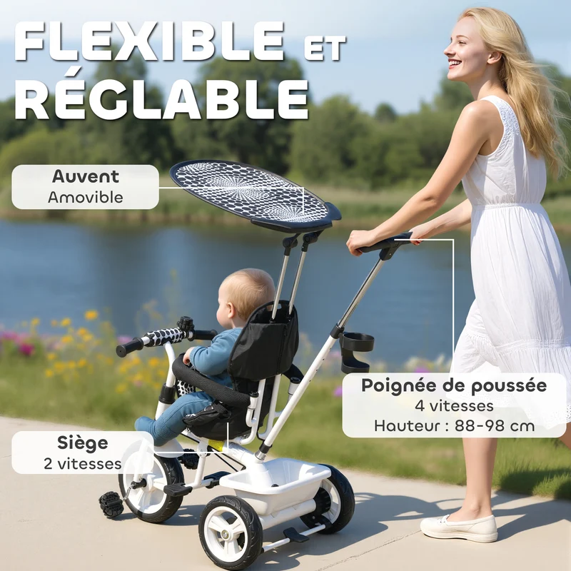Tricycle enfants pliable 105 x 47 x 98 cm canne amovible pare-soleil siège ergonomique style contemporain en acier blanc 21_0000431