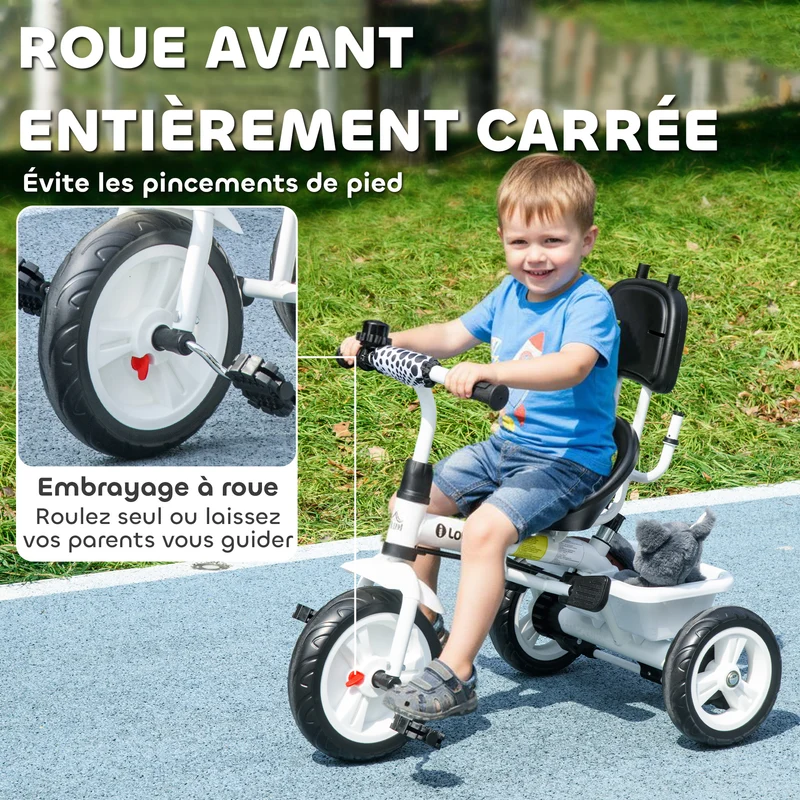 Tricycle enfants pliable 105 x 47 x 98 cm canne amovible pare-soleil siège ergonomique style contemporain en acier blanc 21_0000431