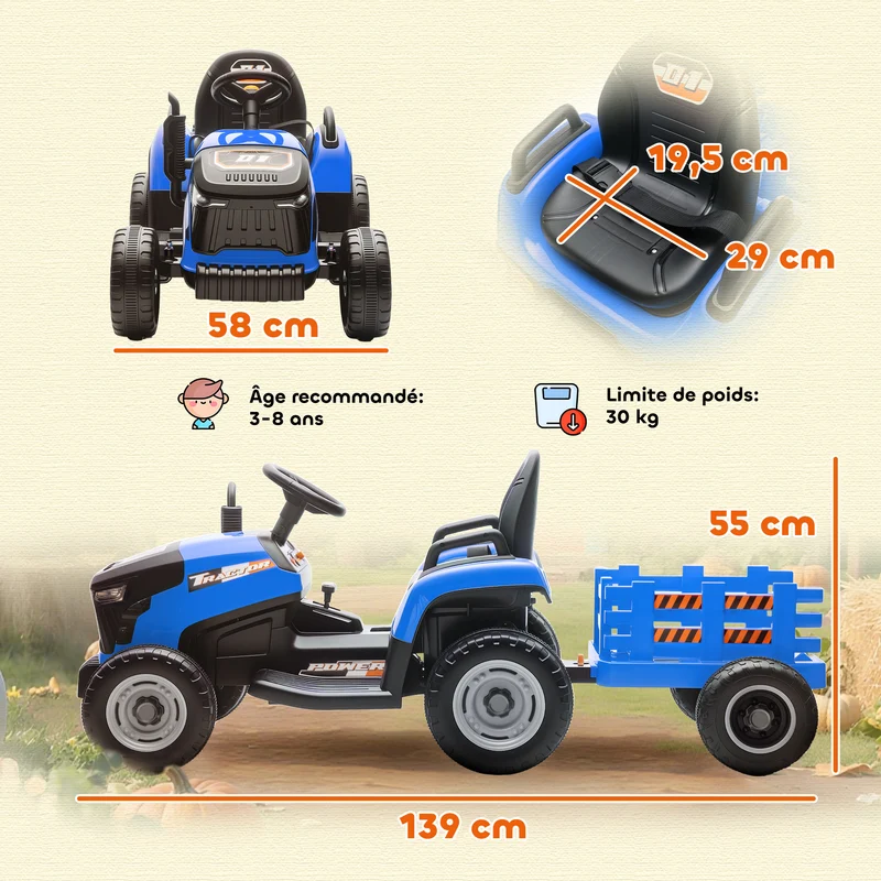 Tracteur électrique enfants remorque amovible 139 x 58 x 55 cm télécommande parentale batterie durable design en PP bleu 21_0000609
