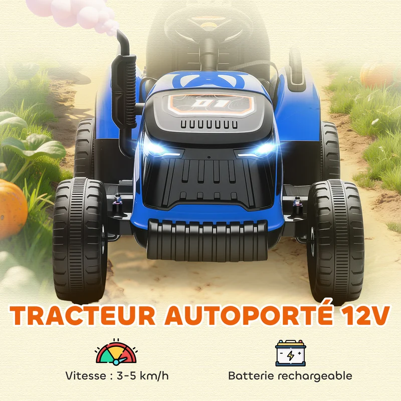 Tracteur électrique enfants remorque amovible 139 x 58 x 55 cm télécommande parentale batterie durable design en PP bleu 21_0000609