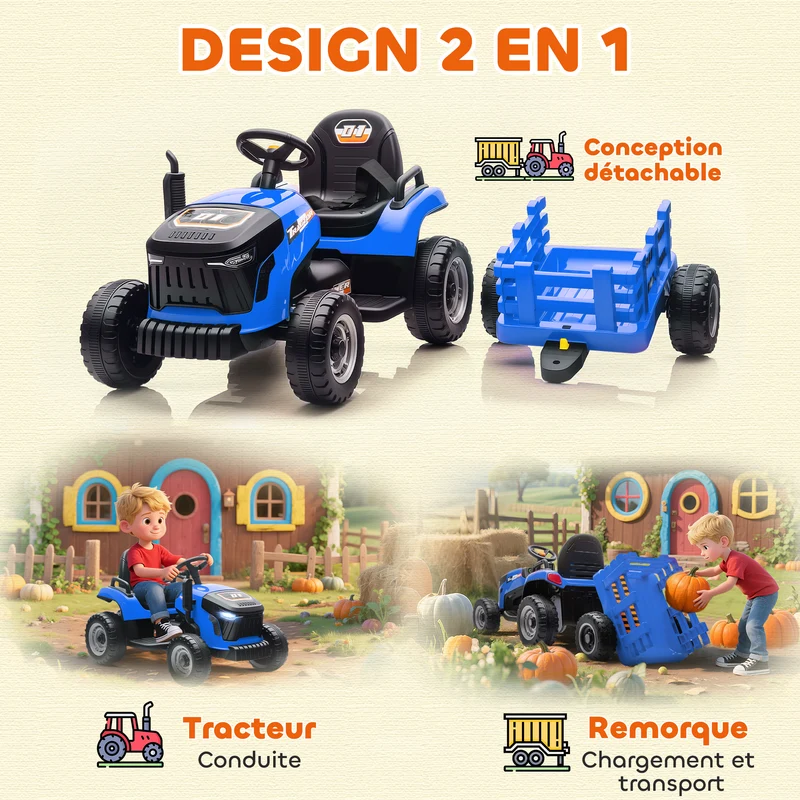 Tracteur électrique enfants remorque amovible 139 x 58 x 55 cm télécommande parentale batterie durable design en PP bleu 21_0000609