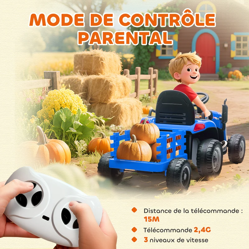 Tracteur électrique enfants remorque amovible 139 x 58 x 55 cm télécommande parentale batterie durable design en PP bleu 21_0000609