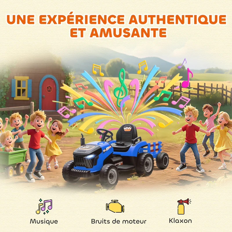 Tracteur électrique enfants remorque amovible 139 x 58 x 55 cm télécommande parentale batterie durable design en PP bleu 21_0000609