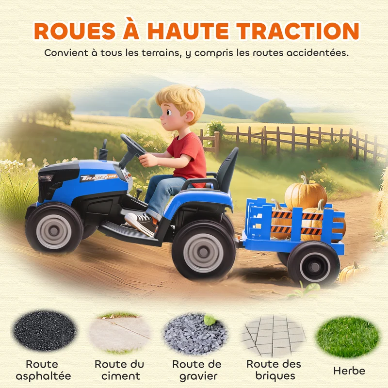 Tracteur électrique enfants remorque amovible 139 x 58 x 55 cm télécommande parentale batterie durable design en PP bleu 21_0000609