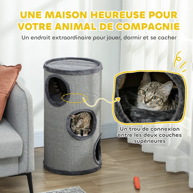 Tonneau griffoir pour chat 38 x 70 cm trois niveaux nid douillet moderne scandinave salon chambre en sisal gris clair 21_0007673
