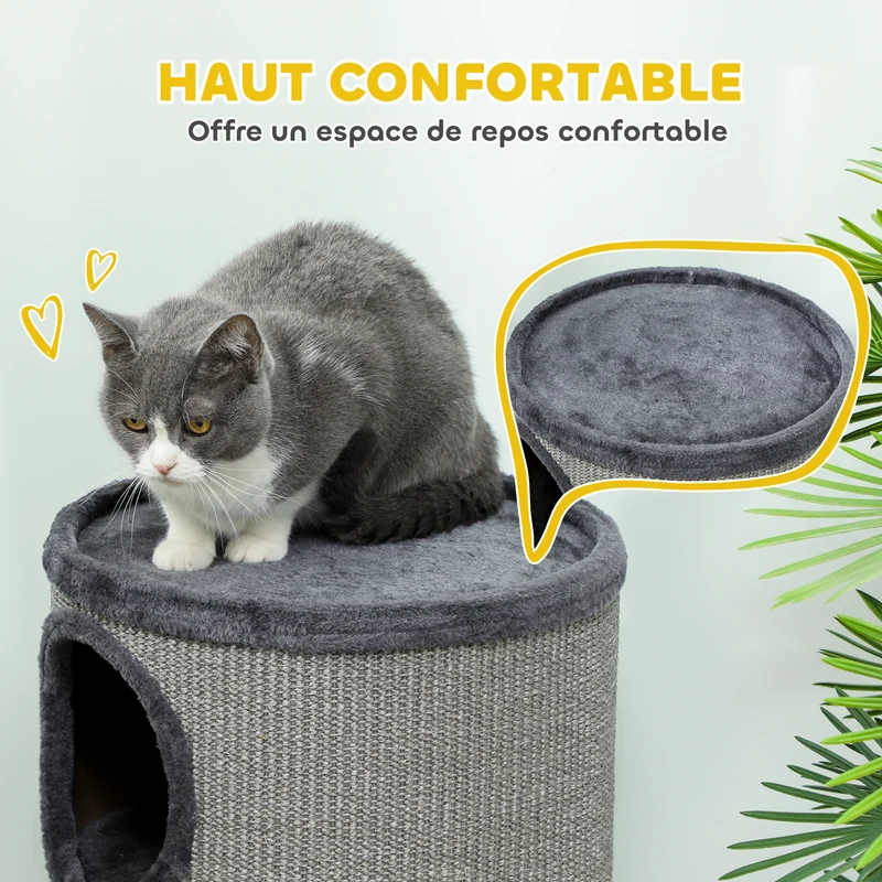 Tonneau griffoir pour chat 38 x 70 cm trois niveaux nid douillet moderne scandinave salon chambre en sisal gris clair 21_0007673