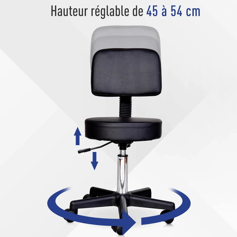 Tabouret de massage pivotant hauteur réglable 35 x 35 x 89 cm assise rembourrée 360 degrés moderne épuré en PU noir 21_0000840