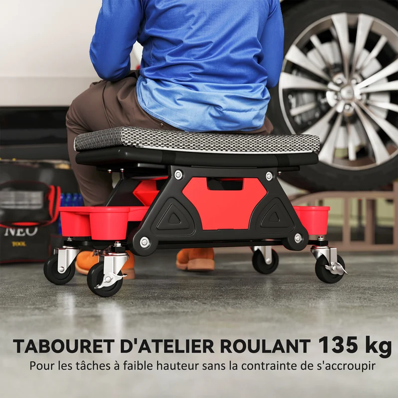 Tabouret d'atelier mobile 64,5 x 33 x 35 cm assise confort rangements roulettes freinées industriel en plastique noir 21_0007178