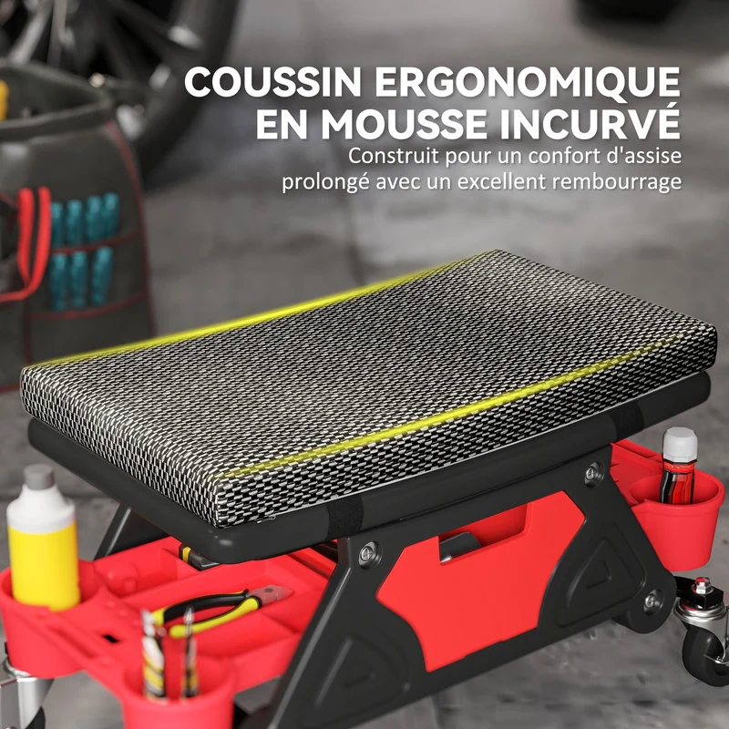 Tabouret d'atelier mobile 64,5 x 33 x 35 cm assise confort rangements roulettes freinées industriel en plastique noir 21_0007178