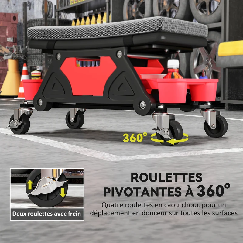 Tabouret d'atelier mobile 64,5 x 33 x 35 cm assise confort rangements roulettes freinées industriel en plastique noir 21_0007178