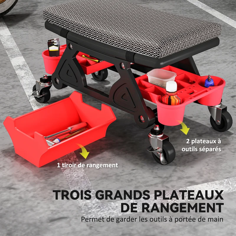 Tabouret d'atelier mobile 64,5 x 33 x 35 cm assise confort rangements roulettes freinées industriel en plastique noir 21_0007178