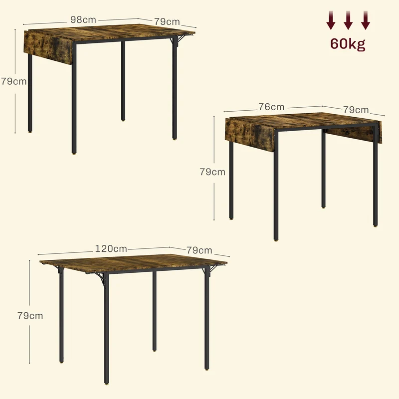 Table de salle à manger pliante extensible 120 x 79 x 79 cm gain de place très stable style industriel en MDF marron 21_0003254