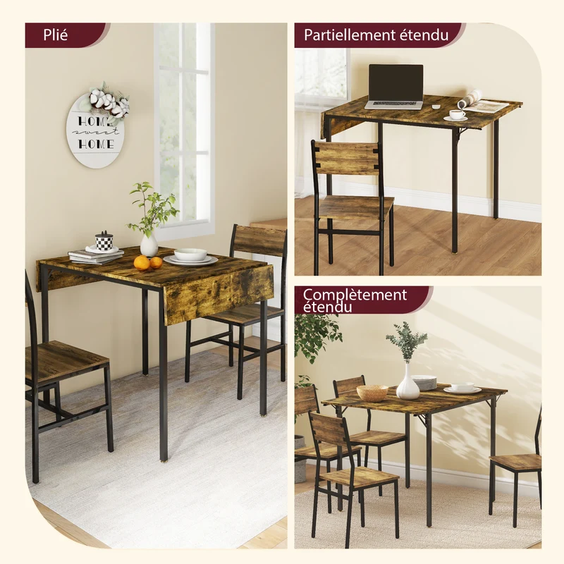 Table de salle à manger pliante extensible 120 x 79 x 79 cm gain de place très stable style industriel en MDF marron 21_0003254
