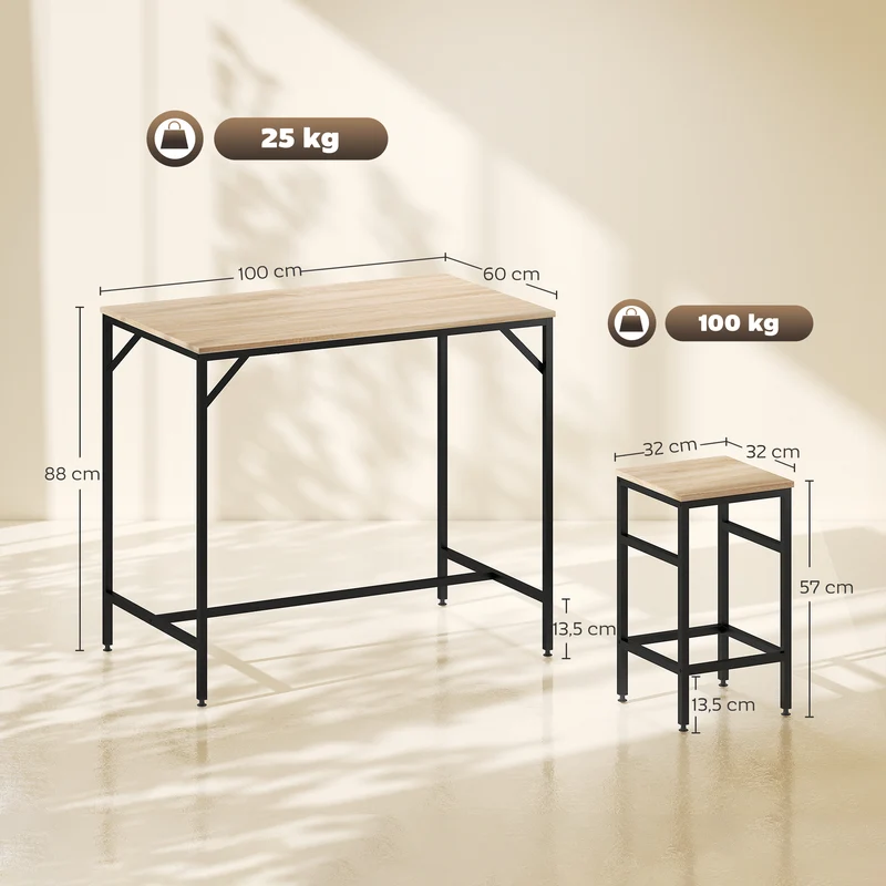 Table de bar rectangulaire 100 x 60 x 88 cm gain de place repose-pieds stable industriel contemporain en MDF chêne clair 21_0002216