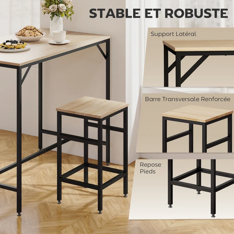 Table de bar rectangulaire 100 x 60 x 88 cm gain de place repose-pieds stable industriel contemporain en MDF chêne clair 21_0002216