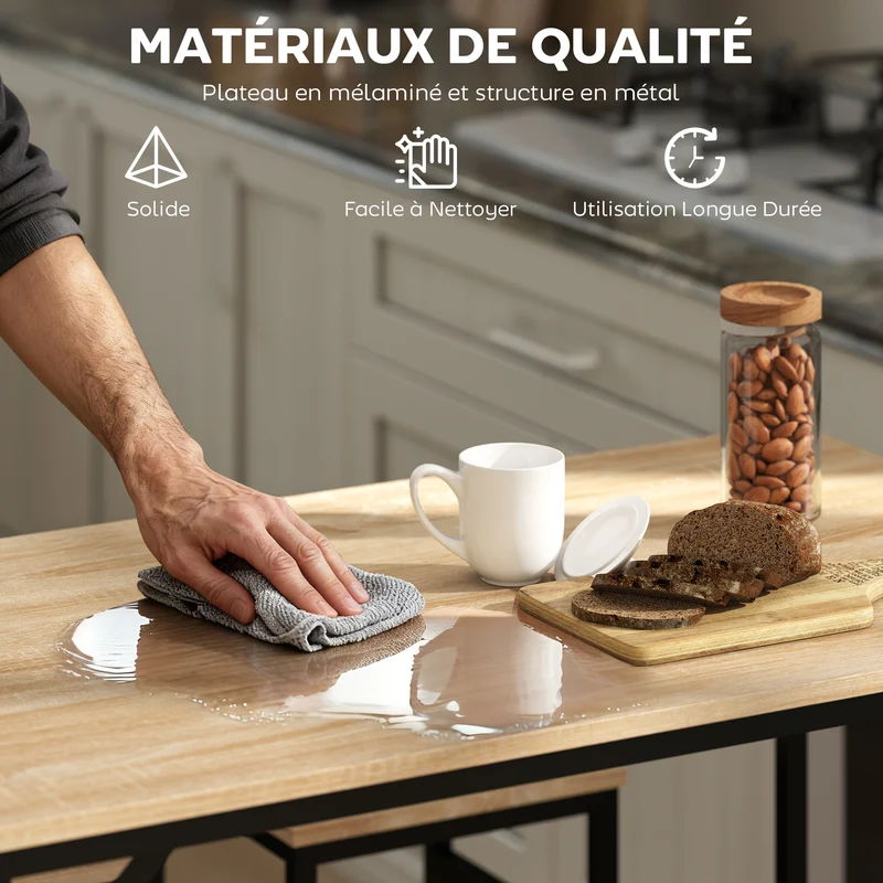 Table de bar rectangulaire 100 x 60 x 88 cm gain de place repose-pieds stable industriel contemporain en MDF chêne clair 21_0002216