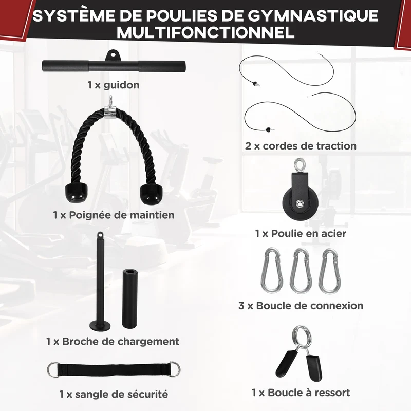 Système de poulie d'entraînement biceps triceps 36 x 2.5 x 2.5 cm réglable ultra compact moderne domicile en acier noir 21_0006825