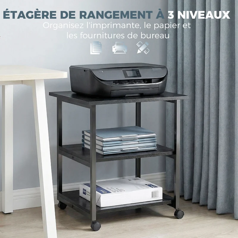 Support imprimante desserte mobile bureau 50 x 50 x 52,5 cm 3 niveaux roulettes avec freins moderne en mélaminé noir 21_0006396