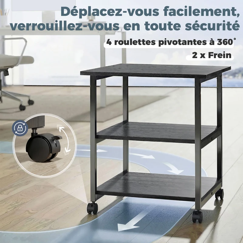Support imprimante desserte mobile bureau 50 x 50 x 52,5 cm 3 niveaux roulettes avec freins moderne en mélaminé noir 21_0006396
