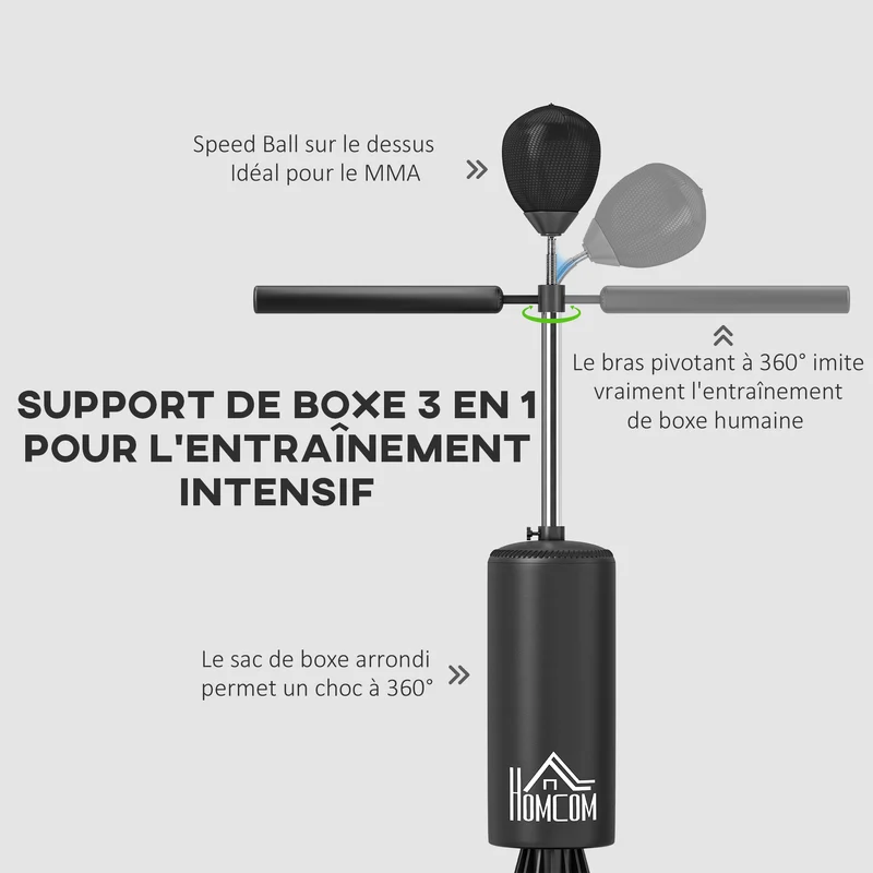 Sac de frappe sur pied 88 x 48 x 155-205 cm hauteur réglable boxe socle lestable moderne en revêtement synthétique noir 21_0006781