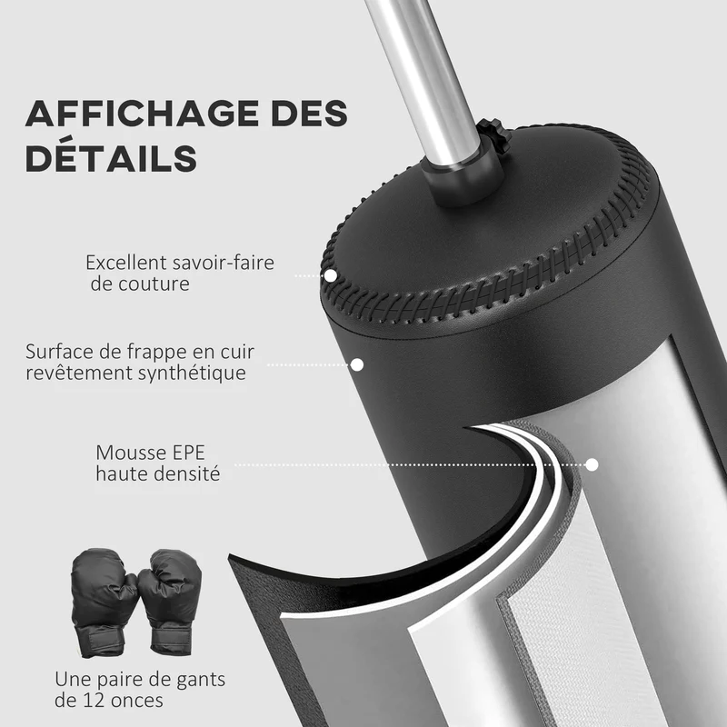 Sac de frappe sur pied 88 x 48 x 155-205 cm hauteur réglable boxe socle lestable moderne en revêtement synthétique noir 21_0006781