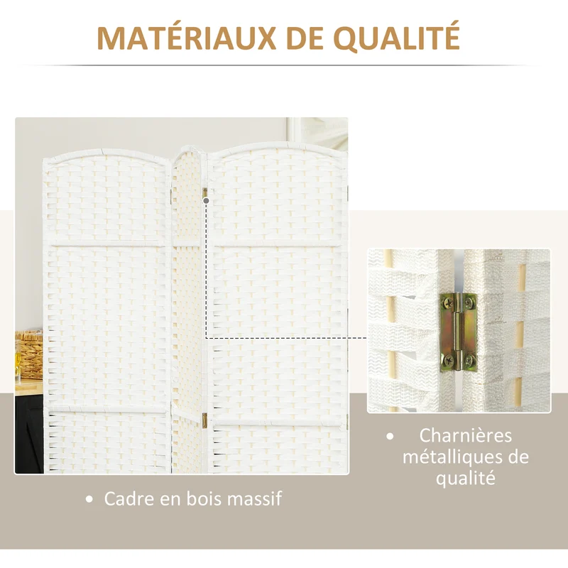 Paravent intérieur 6 panneaux séparation d'espace 240 x 1.6 x 170 cm pliable et léger scandinave contemporain en PP blanc 21_0001328